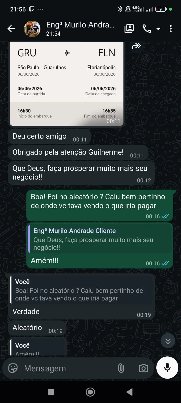 Primeiro registro real da emissão de passagem realizada por Murilo com uma oportunidade compartilhada pela Você nas Nuvens.